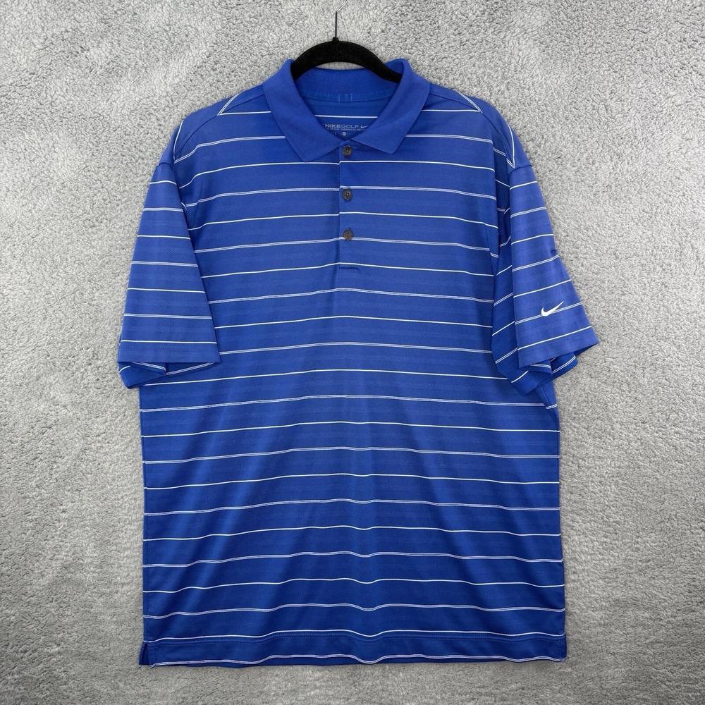 Nike Golf Dri-Fit Men's Blue White Striped Polo Shirt Size Large Logo Rugby